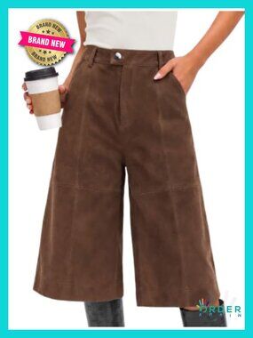 Faux Suede Bermuda Shorts High Waist Wide Leg Knee Length Casual